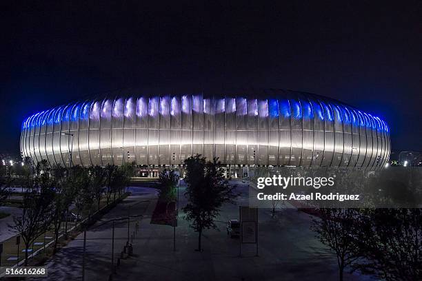 Stadium illuminated at night after the 11th round match between Monterrey and Chivas as part of the Clausura 2016 Liga MX at BBVA Bancomer Stadium on...