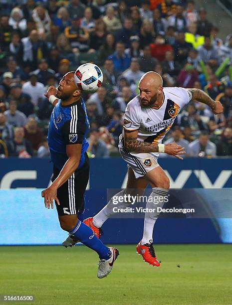 Jelle Van Damme of the Los Angeles Galaxy and Victor Bernardez of the San Jose Earthquakes vie for the ball during the second half of their MLS match...