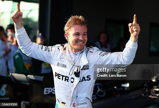 Nico Rosberg of Germany and Mercedes GP celebrates in Parc Ferme after winning the Australian Formula One Grand Prix at Albert Park on March 20, 2016...