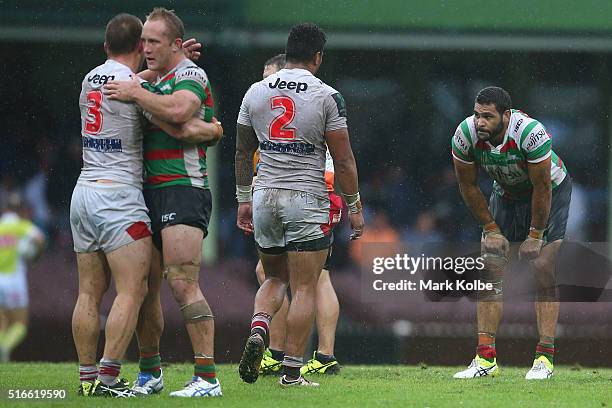 Greg Inglis of the Rabbitohs looks dejected after defeat during the round three NRL match between the St George Dragons and the South Sydney...