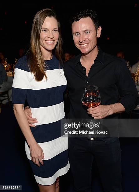 Actress Hilary Swank and Ruben Torres attend The Moet and Chandon Inaugural "Holding Court" Dinner at The 2016 BNP Paribas Open on March 19, 2016 in...