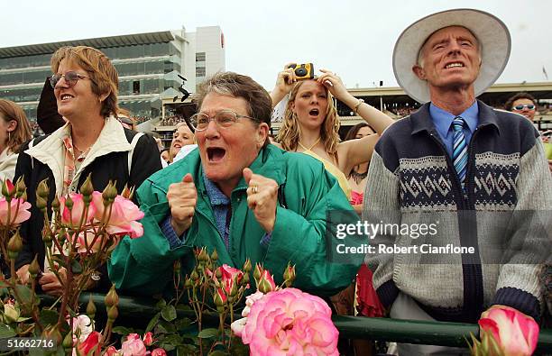 Fans cheer during Race Six the Crown Oaks, won by Hollow Bullet ridden by David Taggart during Crown Oaks Day at Flemington Racecourse November 4,...