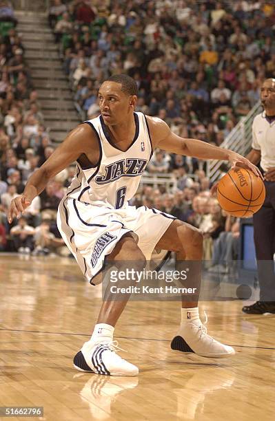 Howard Eisley of the Utah Jazz dribbles against the Los Angeles Lakers on November 3, 2004 at the Delta Center in Salt Lake City, Utah. NOTE TO USER:...