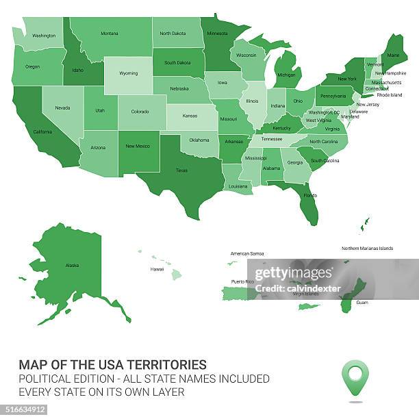 farbe karte der vereinigten staaten von amerika-territorien - alaska - usa state stock-grafiken, -clipart, -cartoons und -symbole