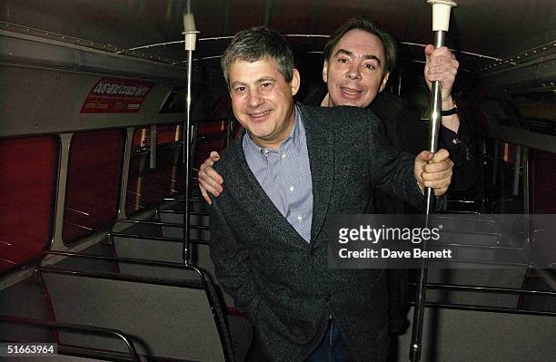 Andrew Lloyd-Webber takes Cameron Mackintosh on a bus ride to commemorate 'Les Miserables' leaving the Cambridge Theatre after 18 years to go to the...