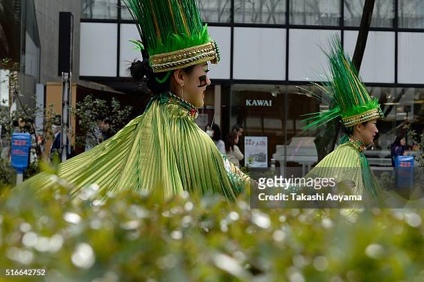 Participants march on the Omotesando Avenue during the 24th annual St. Patrick's Day Parade on March 20, 2016 in Tokyo, Japan. According to the...