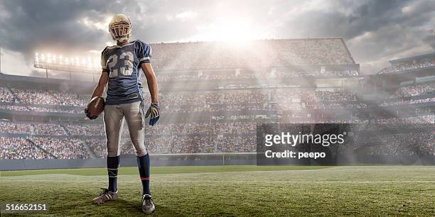 american football player in sunlit stadium - black football player stock pictures, royalty-free photos & images