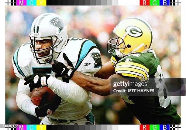 Sam Mills of the Carolina Panthers intercepts a pass intended for Andre Rison of the Green Bay Packers during the first quarter of their NFC...