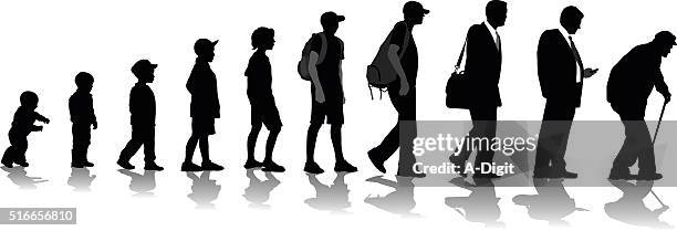 stockillustraties, clipart, cartoons en iconen met man's aging process - walking cane