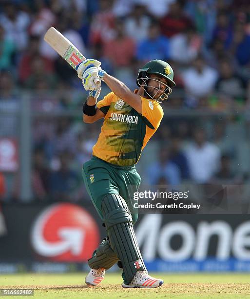 Duminy of South Africa hits out for six runs during the ICC World Twenty20 India 2016 Super 10s Group 1 match between South Africa and Afghanistan at...