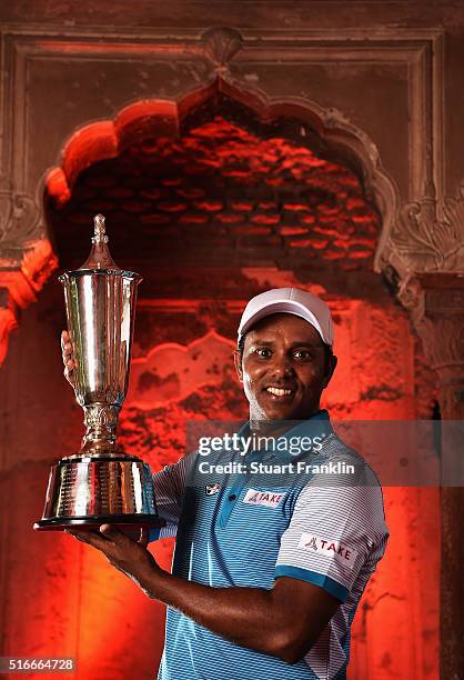 Chawrasia of India holds the winners trophy after the final round of the Hero Indian Open at Delhi Golf Club on March 20, 2016 in New Delhi, India.
