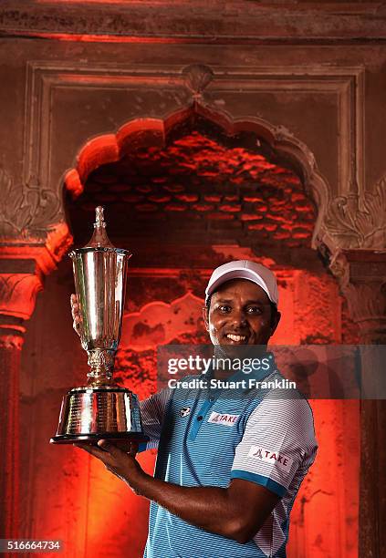 Chawrasia of India holds the winners trophy after the final round of the Hero Indian Open at Delhi Golf Club on March 20, 2016 in New Delhi, India.