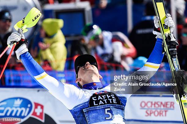Andre Myhrer of Sweden takes 1st place during the Audi FIS Alpine Ski World Cup Finals Men's Slalom and Women's Giant Slalom on March 20, 2016 in St....
