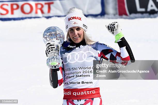 Eva-Maria Brem of Austria wins the giant slalom crystal globe during the Audi FIS Alpine Ski World Cup Finals Men's Slalom and Women's Giant Slalom...