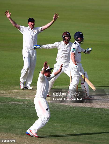 Ben Foakes, Ian Bell and Rikki Clarke of MCC appeals for the wicket of Gary Ballance of Yorkshire during day one of the Champion County match between...