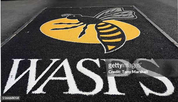 Wasps logo at The Ricoh Arena during the Aviva Premiership match between Wasps and Sale Sharks at The Ricoh Arena on March 20, 2016 in Coventry,...