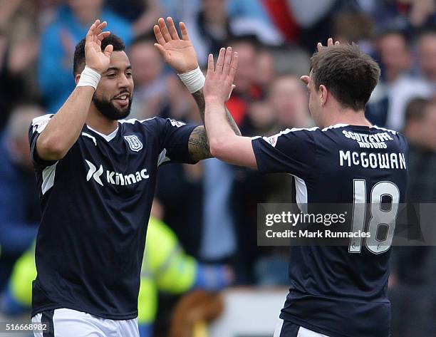 Kane Hemmings of Dundee FC celebrates scoring his first goal during the Ladbrokes Scottish Premiership match between Dundee United FC and Dundee FC...