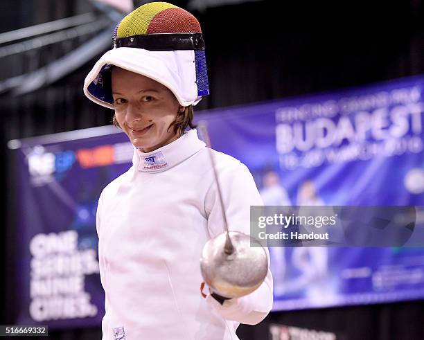 In this handout image provided by the FIE, Ana Maria Popescu of Romania competes during the individual women's epee match during day 3 of the WESTEND...