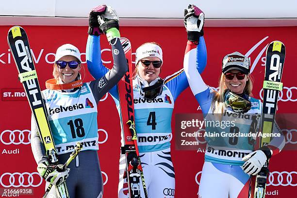 Viktoria Rebensburg of Germany takes 1st place, Taina Barioz of France takes 2nd place, Lara Gut of Switzerland takes 3rd place during the Audi FIS...