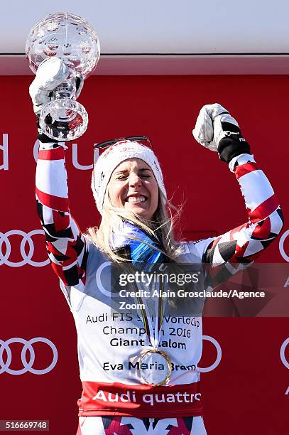 Eva-Maria Brem of Austria wins the giant slalom crystal globe during the Audi FIS Alpine Ski World Cup Finals Men's Slalom and Women's Giant Slalom...