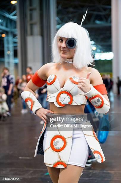 Cosplay enthusiast attending as the BB-8 droid from Star Wars: The Force Awakens on the 2nd day of Comic Con 2016 on March 20, 2016 in Birmingham,...