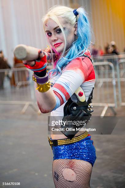 Cosplay enthusiast attending as Harley Quinn on the 2nd day of Comic Con 2016 on March 20, 2016 in Birmingham, United Kingdom.