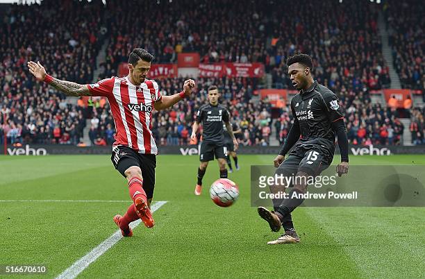 Daniel Sturridge of Liverpool competes with Jose Fonte of Southampton during the Barclays Premier League match between Southampton and Liverpool at...