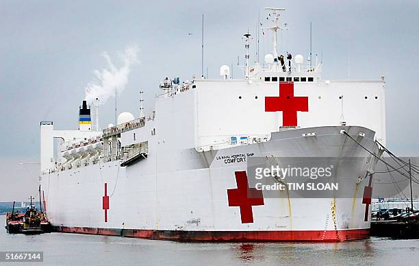 The USNS Comfort sits docked in Baltimore Harbor 02 January as it takes on supplies and boards her crew for deployment to the Middle East. The...