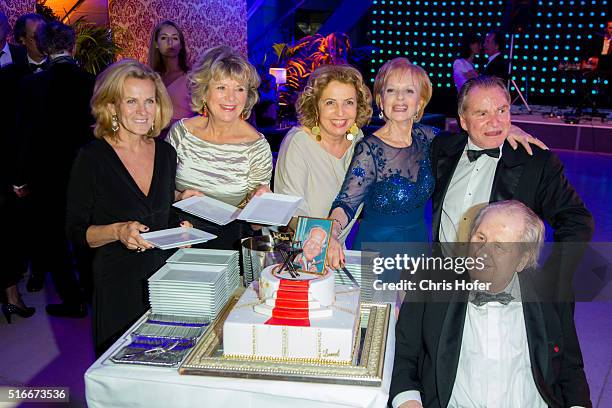 Andrea L'Arronge, Jutta Speidel, Michaela May, Angelika Spiehs, Fritz Wepper and Karl Spiehs attend Karl Spiehs 85th birthday celebration on March...