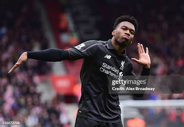 Daniel Sturridge of Liverpool celebrates as he scores their second goal during the Barclays Premier League match between Southampton and Liverpool at...