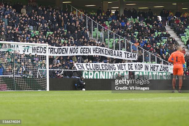 Vitesse, Spandoek, Protest during the Dutch Eredivisie match between FC Groningen and Vitesse Arnhem at Euroborg on March 20, 2016 in Groningen, The...