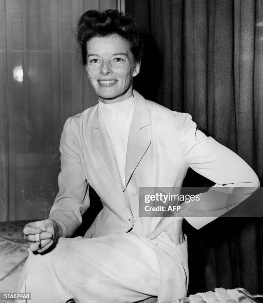 Portait of the American actress Katharine Hepburn at a reception in London 06 April 1951. Hepburn was to play in the movie "The African Queen" by...