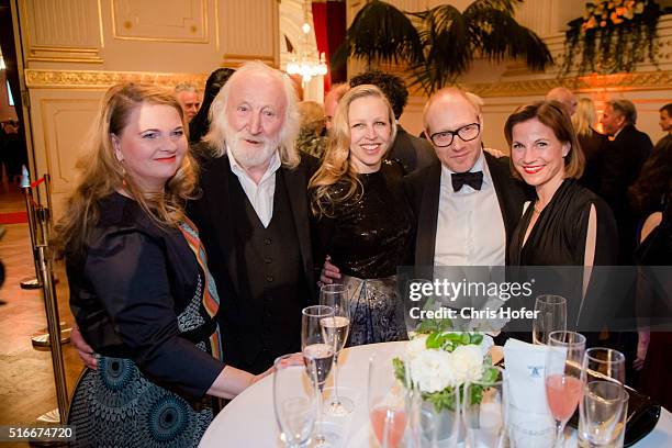 Ulrike Beimpold, Karl Merkatz, Nino Proll, Simon Schwarz and Kristina Sprenger attend Karl Spiehs 85th birthday celebration on March 19, 2016 in...