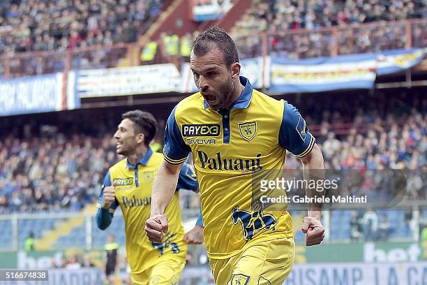 Riccardo Meggiorini of AC Chievo Verona celebrates after scoring a goal during the Serie A match between UC Sampdoria and AC Chievo Verona at Stadio...