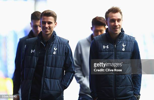 Tom Carroll and Christian Eriksen of Tottenham Hotspur arrive prior to the Barclays Premier League match between Tottenham Hotspur and A.F.C....