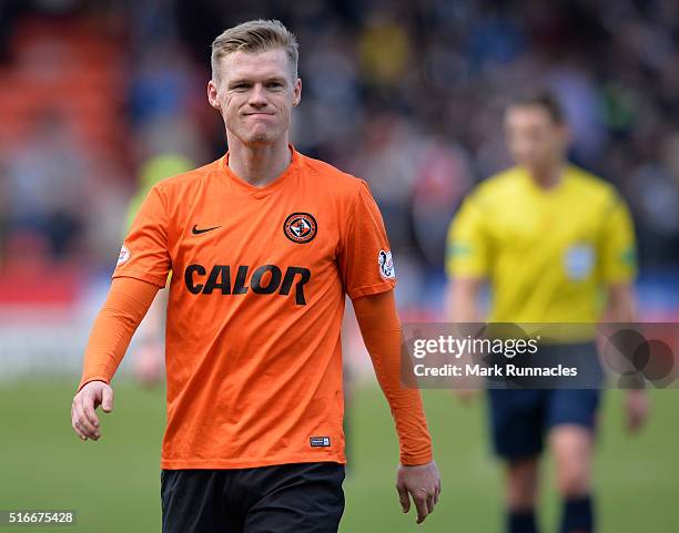 Dundee United's Billy McKay applauds the Dundee United fans as he walk from the pitch after scoring two goal during the Ladbrokes Scottish...