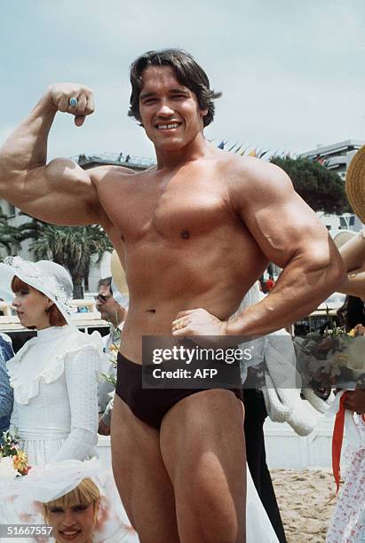 Picture taken 19th May 1977 of American actor Arnold Schwarzenegger during the 38th Cannes film festival. The actor presented Pumping Iron, a...