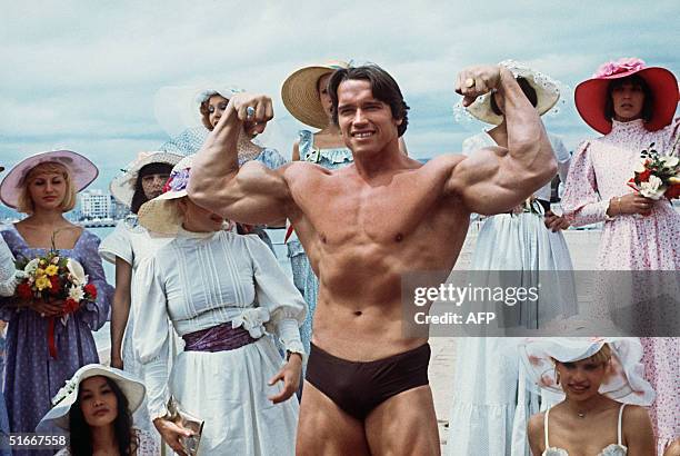 Picture taken 19th May 1977 of American actor Arnold Schwarzenegger during the 38th Cannes film festival. The actor presented Pumping Iron, a...