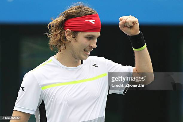 Lukas Lacko of Slovakia reacts during the match against Marsel Ilhan of Turkey during the 2016 "GDD CUP" International ATP Challenger Guangzhou Tour...