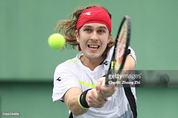 Lukas Lacko of Slovakia returns a shot during the match against Marsel Ilhan of Turkey during the 2016 "GDD CUP" International ATP Challenger...