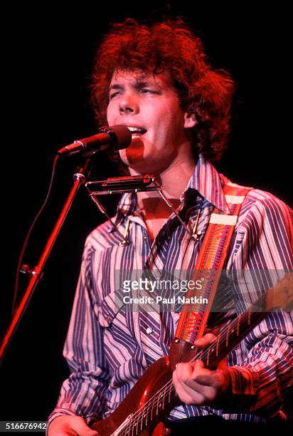 American Folk and Pop musician Steve Forbert plays guitar as he performs onstage at the Park West Auditorium, Chicago, Illinois, November 16, 1979.