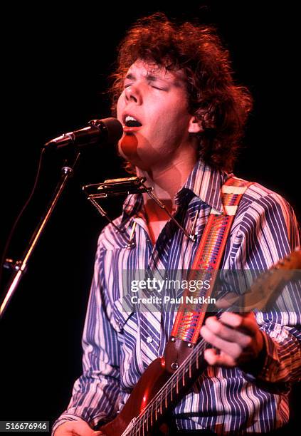 American Folk and Pop musician Steve Forbert plays guitar as he performs onstage at the Park West Auditorium, Chicago, Illinois, November 16, 1979.