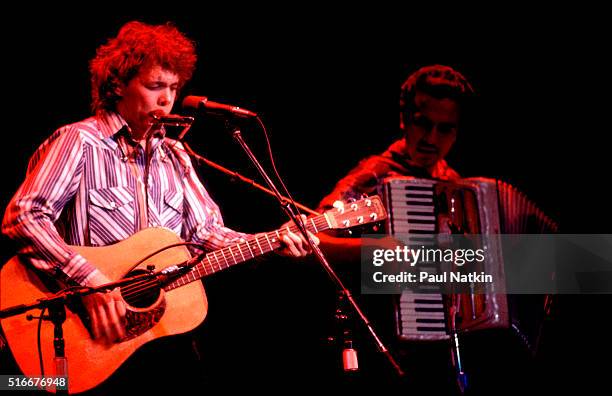 American Folk and Pop musician Steve Forbert plays guitar as he performs onstage at the Park West Auditorium, Chicago, Illinois, November 16, 1979.