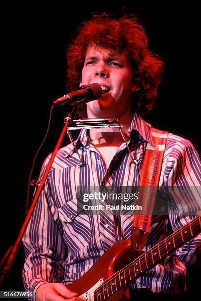 American Folk and Pop musician Steve Forbert plays guitar as he performs onstage at the Park West Auditorium, Chicago, Illinois, November 16, 1979.