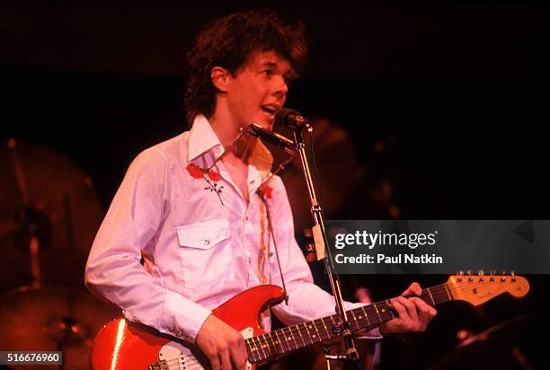 American Folk and Pop musician Steve Forbert plays guitar as he performs onstage at the Park West Auditorium, Chicago, Illinois, March 21, 1979.