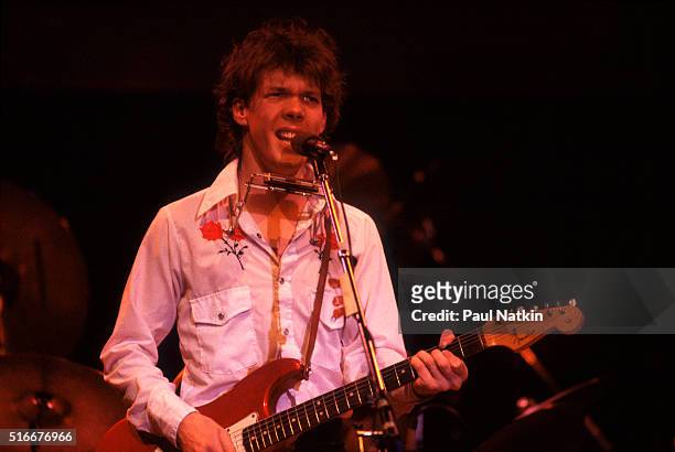 American Folk and Pop musician Steve Forbert plays guitar as he performs onstage at the Park West Auditorium, Chicago, Illinois, March 21, 1979.