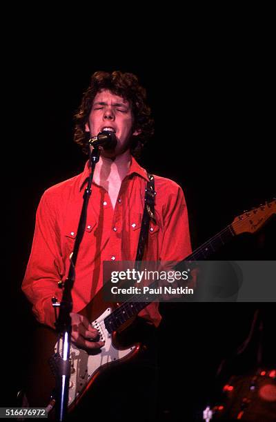 American Folk and Pop musician Steve Forbert plays guitar as he performs onstage at the Park West Auditorium, Chicago, Illinois, December 20, 1980.