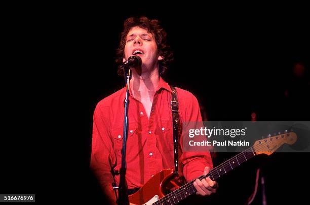 American Folk and Pop musician Steve Forbert plays guitar as he performs onstage at the Park West Auditorium, Chicago, Illinois, December 20, 1980.