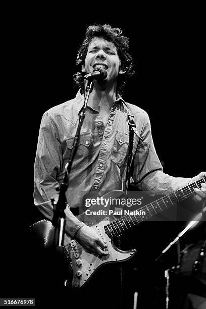 American Folk and Pop musician Steve Forbert plays guitar as he performs onstage at the Park West Auditorium, Chicago, Illinois.