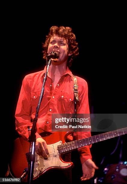 American Folk and Pop musician Steve Forbert plays guitar as he performs onstage at the Park West Auditorium, Chicago, Illinois, December 20, 1980.